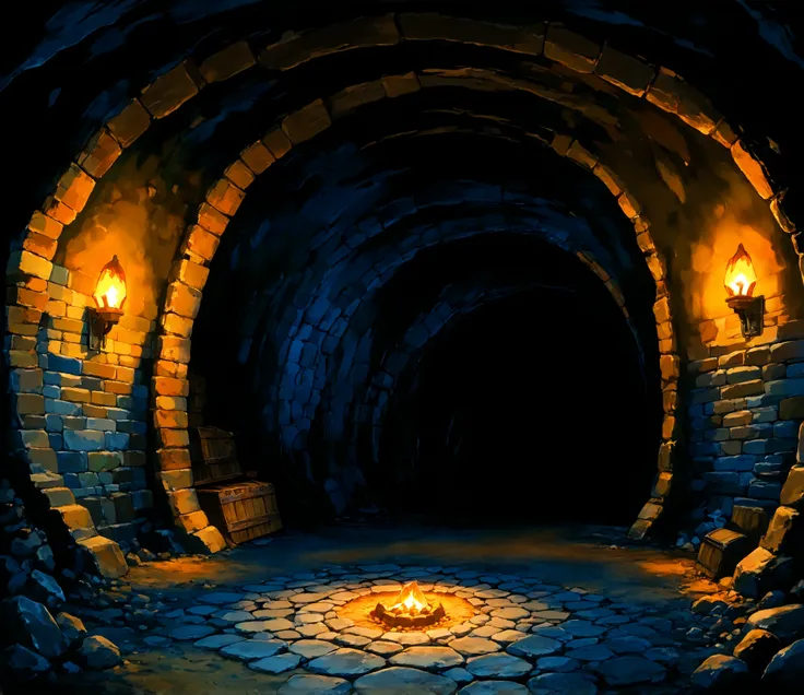 cave dungeon, path, rough stone, wide area with path, old brick tunnel, dark, (((looking straight, first person's pov)))
