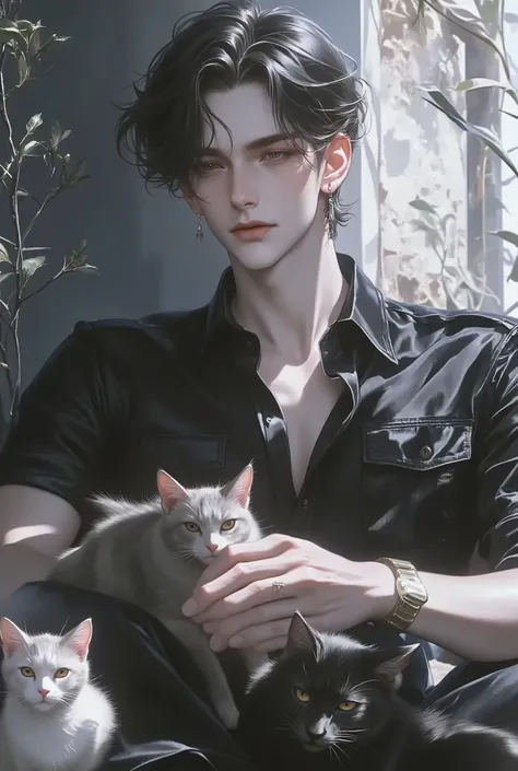 masterpiece, best quality, 1 male, adult, tall, muscular, handsome, finely detailed eyes, intricate details, black hair, background is back alley, detailed sunlight, sitting, Little cats are gathered next to him, dappled sunlight, day, depth of field, plan...