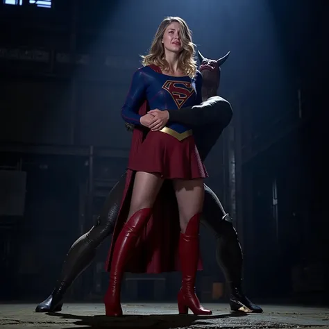 Melissa Benoist as Supergirl, (a very short skirt), both arms behind her back, wearing a Supergirl costume, blue shirt and red skirt, (upskirt0, red high boots, she is sexual assaulted from behind by a devil, embarrassment, ((painful face)), (Supergirl is ...