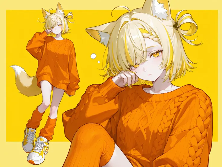 1 girl, sleepy face, cute, pale skin, ((one Braided bangs)), single hair ring, cowlick, blonde hair, yellow Secret Two Tones hair, short hair, glod eyes, fox ears and tail, dressshirt, ((orange knit)), loose kneesocks, sneakers, Cheddar cheese,