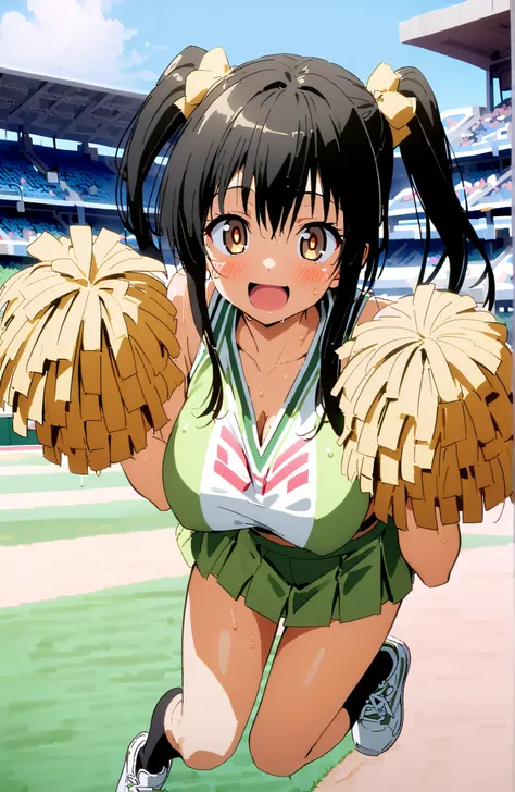 yuikotegawa,  Yui Kotegawa , black hair, brown eyes in the oral vagina, long hair,smile,blush,open your mouth,Big Breasts,breasts are shaking,(Cheerleading), (full body),  on chest, (sweated), sweated Wet Clothes, (green clothes),sleeveless, pleated skirt,...