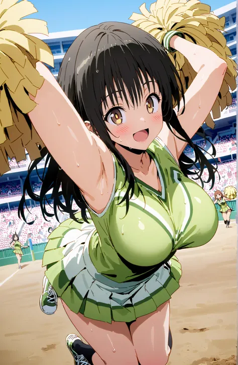 yuikotegawa,  Yui Kotegawa , black hair, brown eyes in the oral vagina, long hair,smile,blush,open your mouth,Big Breasts,breasts are shaking,(Cheerleading), (full body),  on chest, (sweated), sweated Wet Clothes, (green clothes),sleeveless, pleated skirt,...