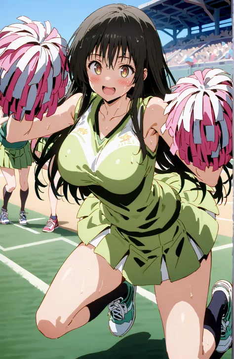 yuikotegawa,  Yui Kotegawa , black hair, brown eyes in the oral vagina, long hair,smile,blush,open your mouth,Big Breasts,breasts are shaking,(Cheerleading), (full body),  on chest, (sweated), sweated Wet Clothes, (green clothes),sleeveless, pleated skirt,...