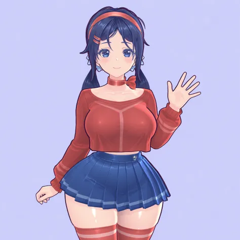 1girl, solo, blue hair, hair ornament, hairband, hairclip, long hair, twintails, hair scrunchie, blue eyes, big breasts, narrow waist, wide hips, thick thighs, red hairband, red collar, red shirt, long sleeves, blue skirt, pleated skirt, red thighhighs, re...