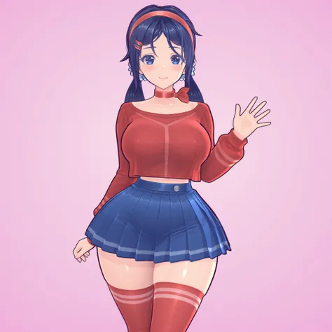 1girl, solo, blue hair, hair ornament, hairband, hairclip, long hair, twintails, hair scrunchie, blue eyes, big breasts, narrow waist, wide hips, thick thighs, red hairband, red collar, red shirt, long sleeves, blue skirt, pleated skirt, red thighhighs, re...
