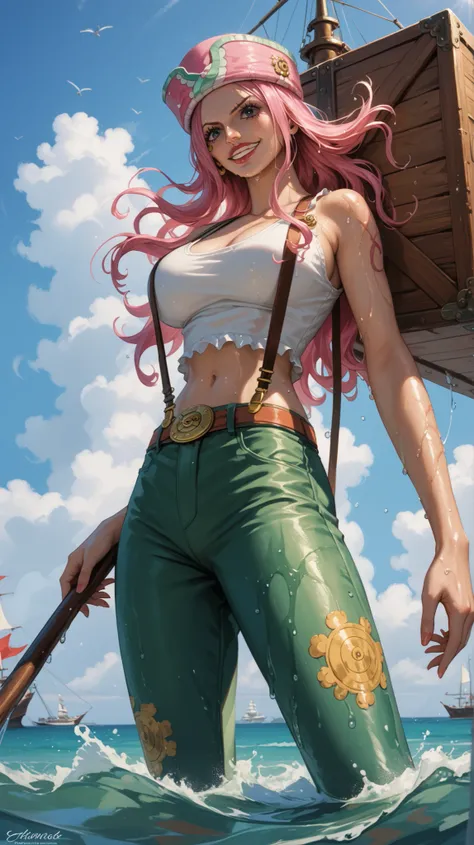 Hyper-realistic portrait of Jewelry Bonney from One Piece, full-body view, standing confidently in a gritty urban port setting. She wears her signature outfit: a cropped white tank top, olive green pants with suspenders, and a pink cap slightly tilted over...
