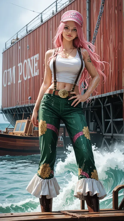 Hyper-realistic portrait of Jewelry Bonney from One Piece, full-body view, standing confidently in a gritty urban port setting. She wears her signature outfit: a cropped white tank top, olive green pants with suspenders, and a pink cap slightly tilted over...