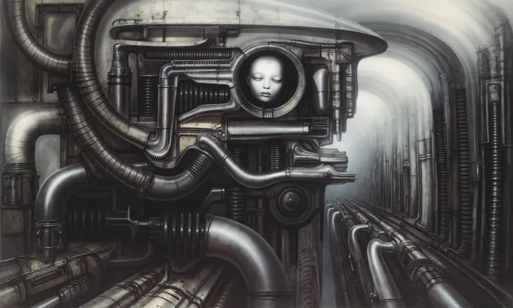 Create a biomechanical surrealist composition in the style of H.R. Giger, emphasizing an intimate, enclosed environment constructed from a dense, interlocking matrix of sinewy tubes, hydraulic pistons, and organic armor-like forms. The composition should f...