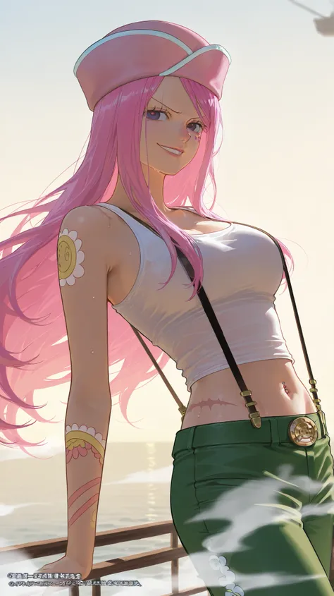 Hyper-realistic portrait of Jewelry Bonney from One Piece, full-body view, standing confidently in a gritty urban port setting. She wears her signature outfit: a cropped white tank top, olive green pants with suspenders, and a pink cap slightly tilted over...
