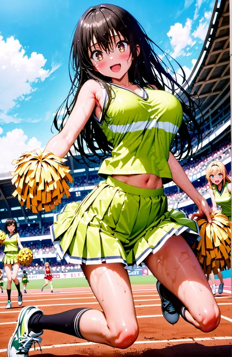 score_9, score_8_up, score_7_up, sauce_anime,yuikotegawa,  Yui Kotegawa , black hair, brown eyes in the oral vagina, long hair,smile,blush,open your mouth,Big Breasts,breasts are shaking,(Cheerleading), (full body),  on chest, (sweated), sweated Wet Clothe...