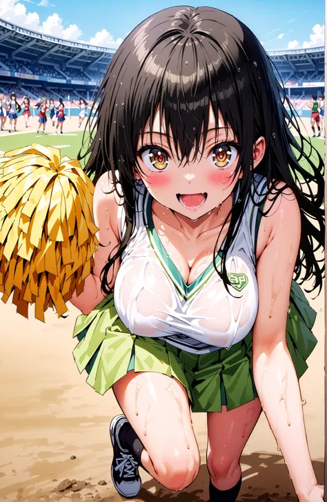 score_9, score_8_up, score_7_up, sauce_anime,yuikotegawa,  Yui Kotegawa , black hair, brown eyes in the oral vagina, long hair,smile,blush,open your mouth,Big Breasts,breasts are shaking,(Cheerleading), (full body),  on chest, (sweated), sweated Wet Clothe...