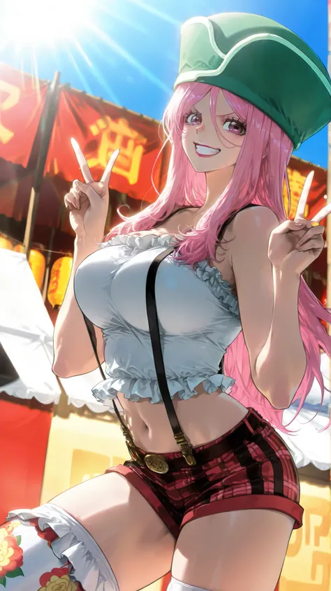 score_9, score_8_up, score_7_up, source_anime BREAK 1girl, solo, looking at viewer, 
jewbonney, purple eyes, pink hair, long hair, suspender shorts, tank top, frilled shirt, green headwear, make up, lipstick, white shirt, short shorts, multicolored thighhi...