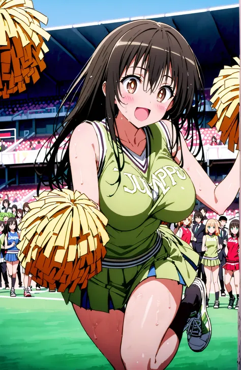 score_9, score_8_up, score_7_up, sauce_anime,yuikotegawa,  Yui Kotegawa , black hair, brown eyes in the oral vagina, long hair,smile,blush,open your mouth,Big Breasts,breasts are shaking,(Cheerleading), (full body),  on chest, (sweated), sweated Wet Clothe...
