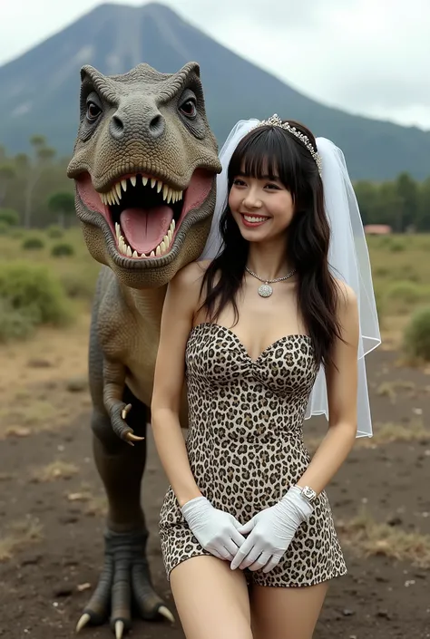 Create a portrait of a stunning Japanese female singer with a slim physique, small bust, and slender legs. She has long hair with bangs and is wearing a prehistoric-style leopard print mini wedding dress, complemented by a wedding veil and gloves. She is s...