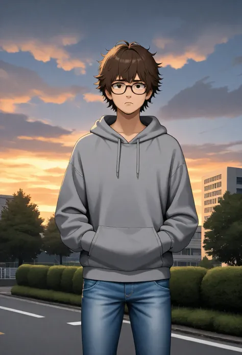 a full-body illustration of a male university student with glasses, slightly hunched posture, wearing a hoodie and jeans, messy hair, tired expression8k, high quality, hyper detailed, photorealistic, masterpiece, cinematic lighting, beautiful detailed faci...