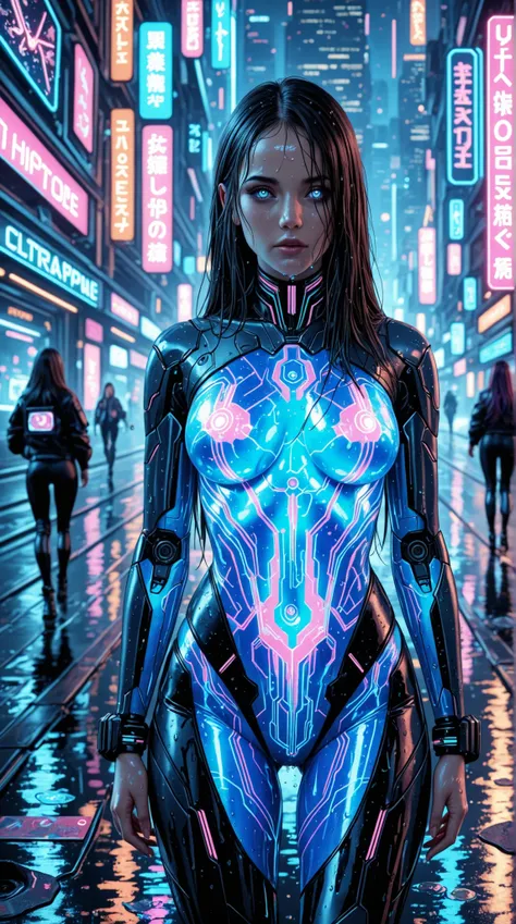 master piece,best quality,ultra detailed,Futuristic Female Samurai，with holographic display and neon body communication，Reflected on a Wet Street，Cyberpunk Atmosphere， Digital Watercolor Style ， details，bright colors