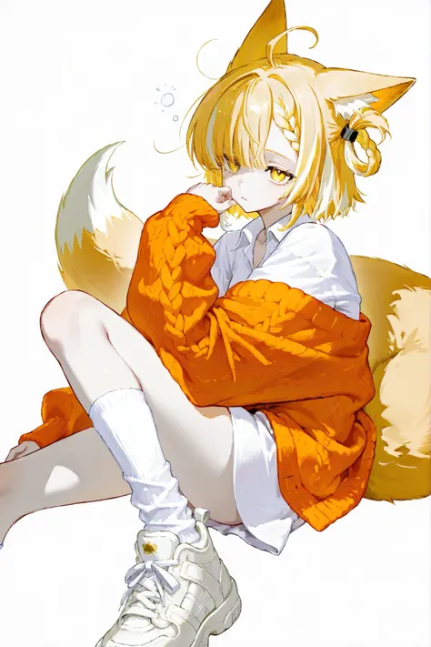 1 girl, sleepy face, cute, pale skin, ((one Braided bangs)), single hair ring, cowlick, blonde hair, (((white color Secret Two Tones hair))), short hair, (yellow eyes), fox ears and tail, white dress shirt, orange knit Cardigan, loose kneesocks, sneakers,
