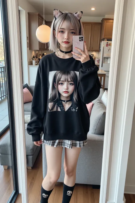 a girl with short silver hair wearing a cat ears headband, taking a full body mirror selfie in a modern living room. She wears an oversized black sweater with a white graphic print of a doll, a plaid skirt peeking underneath, black knee-high socks with sku...