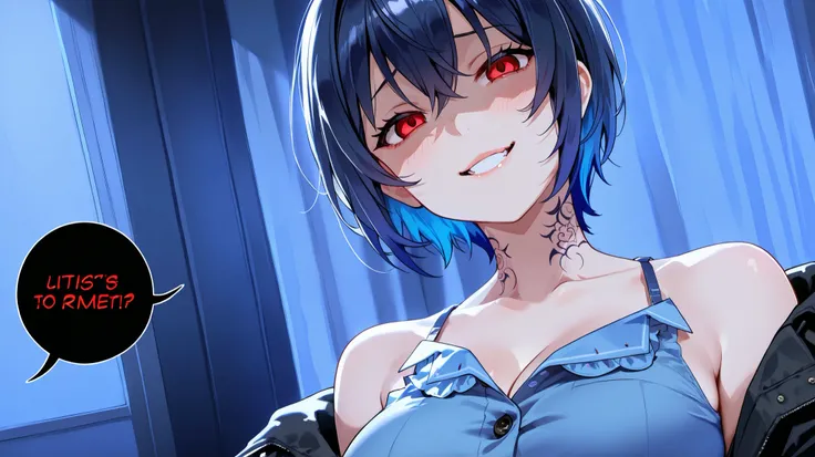 dark blue hair, short hair, multicolored hair, symbol tattoo on the neck, red eyes, Yandere expression , Yandere, evil smile, blue blouse with buttons, blouse open between the breasts , black coat, Bare shoulders, hottie, sexy