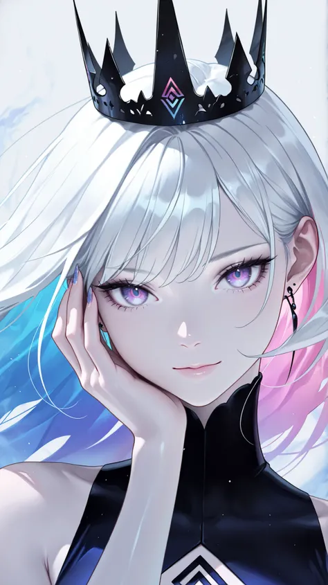 masterpiece, best quality, amazing quality, newest, very aesthetic, 1girl, Image is a digital artwork featuring a close-up portrait of a female character with a fantasy theme. The subject has long, flowing white hair with iridescent highlights in shades of...