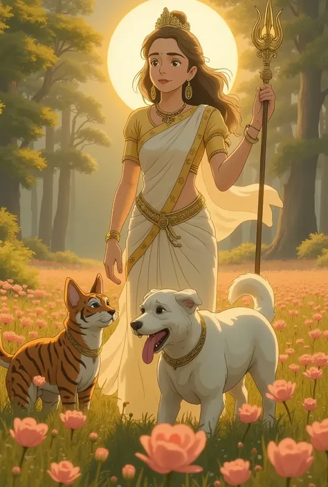 Ultra high definition, magical creature scene featuring a majestic white dog and a tiger-striped cat playing together in a vibrant, enchanted forest. Surrounding them is a beautiful goddess with divine grace, wearing a flowing white and golden saree with a...