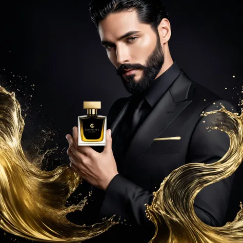 Fragrance poster image with the parfum and a man with black hair and beard and a black suit holding it, black & gold color scheme, color waves, ultra high quality, 4K crisp image, grabbing attention. The fragrance/brand name is ,,Celeste & Noir". Professio...