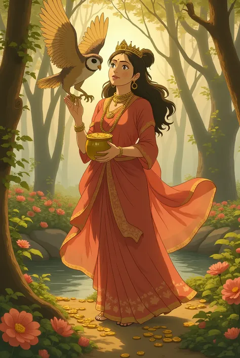 Ultra high definition, magical creature scene set by a serene forest, where a beautiful goddess—Goddess Lakshmi—stands in divine grace. She wears a flowing red and golden saree with a fully aesthetic, intricately embroidered blouse, a delicate golden crown...