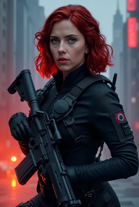 In this captivating image, , the central female character (Scarlett Johansson,  linda face), medium red hair,  exudes Call of Duty's Confident Operator , wearing full Delta Force black tactical equipment,  Armed with an AR-15 ,  combat pose, ( battle scena...