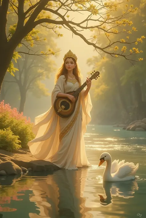 Ultra high definition, magical creature scene set by a serene riverside, where a beautiful goddess—Goddess Saraswati—stands in divine grace. She wears a flowing white and golden saree with a fully aesthetic, intricately embroidered blouse, a delicate crown...