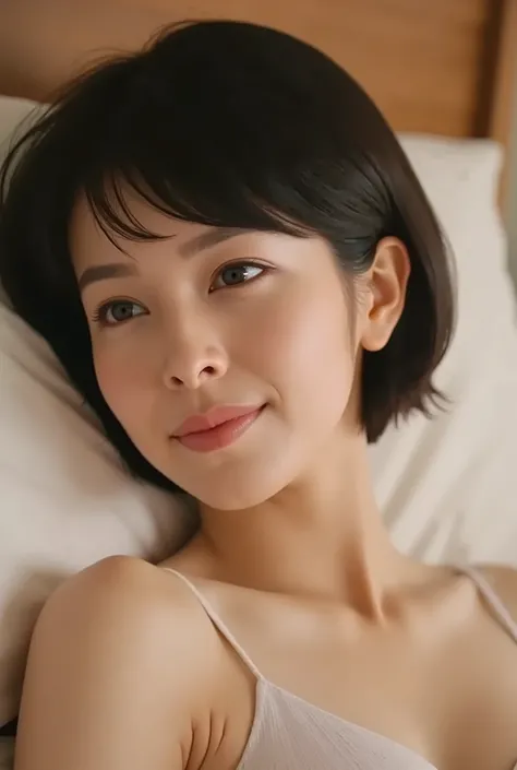 (( top quality )), ((masterpiece)), ( details), Japanese woman, first person view , the woman is sleeping on her back , sexy,( in the bedroom),((( abnormally large breasts , underwear, short bob hair))), black hair , (( ...