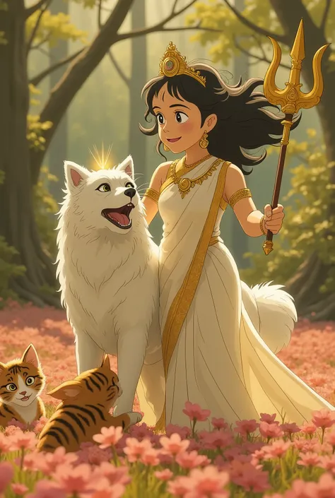 Ultra high definition, magical creature scene featuring a majestic white dog and a tiger-striped cat playing together in a vibrant, enchanted forest. Surrounding them is a beautiful goddess with divine grace, wearing a flowing white and golden saree with a...