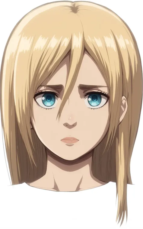 ((Historia Reiss)), blonde hair, ((blue eyes)), (4K eyes), (outermost edge of dark blue iris), eye glow, eyebrows, eyelashes, nose, detailed hair, (2D anime style), (((Attack on Titan anime style))), (high quality), ((detailed body)), ((design true to the ...