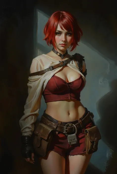 Fantasy digital painting depicting sexy female rogue in rogue outfit. Female is looking at the viewer playfully. She's 18 years old, petite, has fair skin, dark brown eyes, redhead in bobcut with fringe, small, perky breasts.