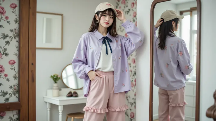 A soft pastel-colored fashion portrait of a young woman standing stylishly in a chic, vintage-themed dressing room. She wears a light lavender oversized shirt with delicate floral patterns, layered over a crisp white blouse featuring a navy ribbon tie. Her...