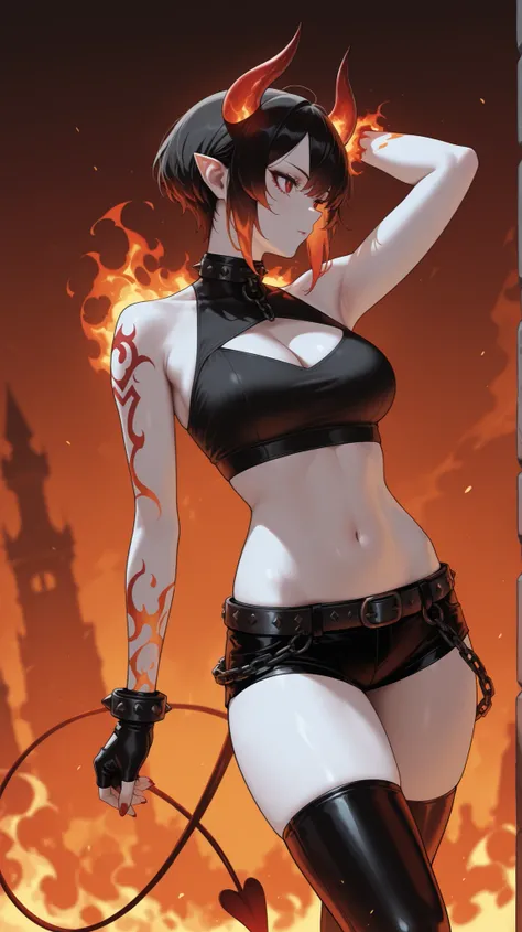 masterpiece, best quality, amazing quality, newest, very aesthetic, 1girl,realsim,Image is a digital illustration featuring a fantasy character with a striking appearance. The character is a female demon with red horns and pointed ears, set against a fiery...