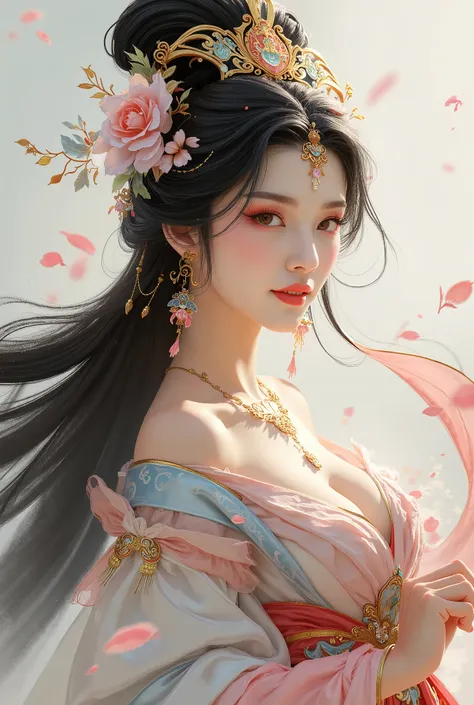 shuimo,Epic CG masterpiece,
A portrait of a Chinese girl with a gorgeous headpiece,exquisite makeup,gradient color background,collarbone visible,Sexy,cleavage,
Smooth skin. Gentle smile. The wind blows her long hair,there are petals in the air,
dynamic pos...