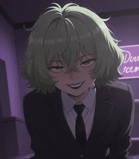 (Face focus: 1.0). Sincos art style. Nyantcha art style. Diives art style. (Dynamic pose: 1.8). (Masterpiece). (High quality). (High detail). 1Woman. Full lips. Black lipstick. Green eyes. Light-green hair. Long, messy hair. Messy bangs. Black blazer. Whit...
