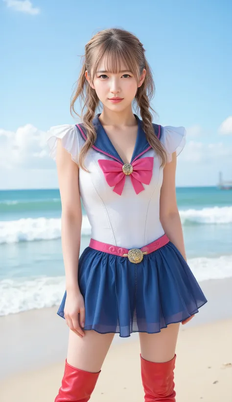 , a realistic photo of a beautiful young woman wearing a Sailor Moon cosplay outfit, po Posing confidently on a sunny beach at midday. She has for a long time , . Long blonde hair in a double braid, conveys the unique image of the Sailor Moon. , she wore a...