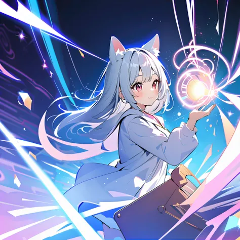 8k, girl with dog ears silver hair, White Ear, Uses new ideas,A new life,New encounter,my new self,solo,deep background