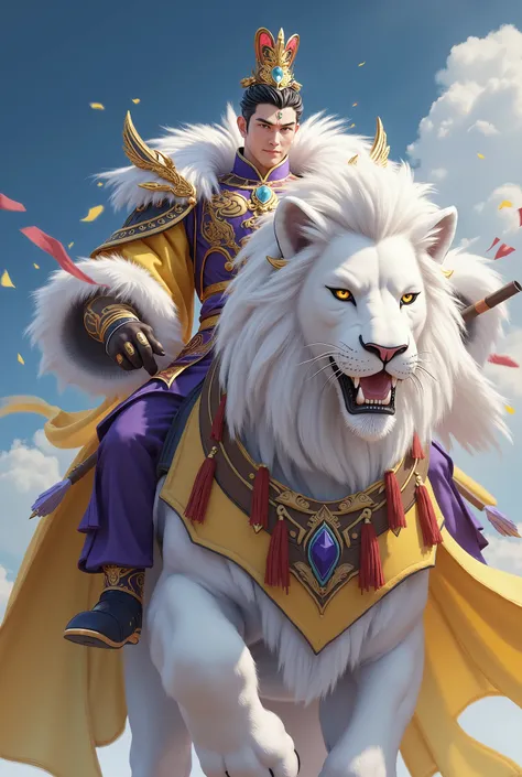 shuimo,Epic CG masterpiece,
A handsome emperor rides a huge white lion. Wearing purple gold armor,a yellow robe,and white fur shoulders,
dynamic poses,stunning colors,3D rendering,cinematic lighting effects,00 renderer,masterpiece,best quality,32k uhd,insa...