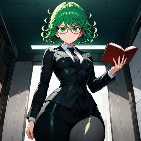 1girl, solo, zzTatsumaki, green eyes, green hair, medium breasts, narrow waist, wide hips, thick thighs, white blouse, black suit jacket, black pants, black tie, glasses, serious, cute, holding a book, standing, looking at viewer, office background, from t...