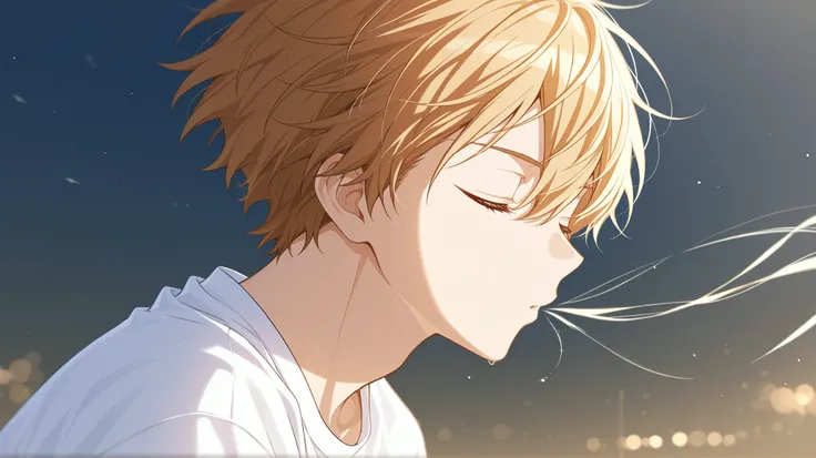 Gold、male、1 person、white shirt、eyes closed、The wind is blowing、from the side、I'm closing my mouth、