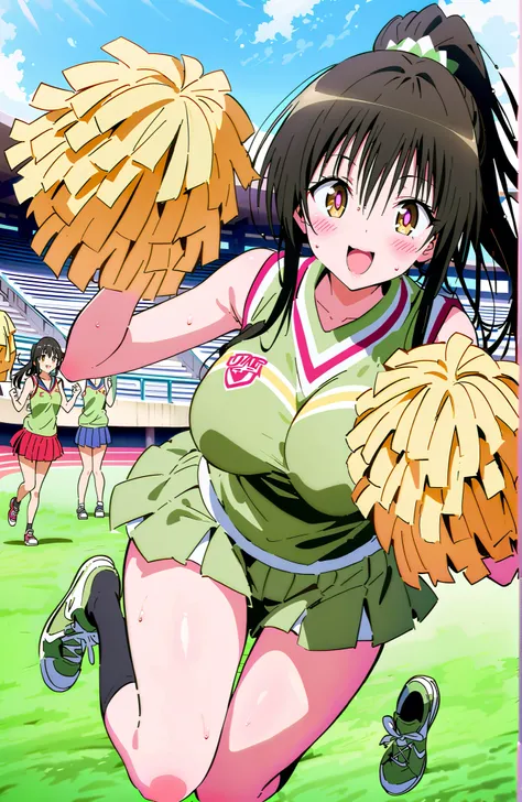 yuikotegawa,  Yui Kotegawa , black hair, brown eyes in the oral vagina,Glowing Skin,side lock,ponytail,smile,blush,open your mouth,Big Breasts,breasts are shaking,(Cheerleading), (full body),  on chest, (sweated), sweated Wet Clothes, (green clothes),sleev...