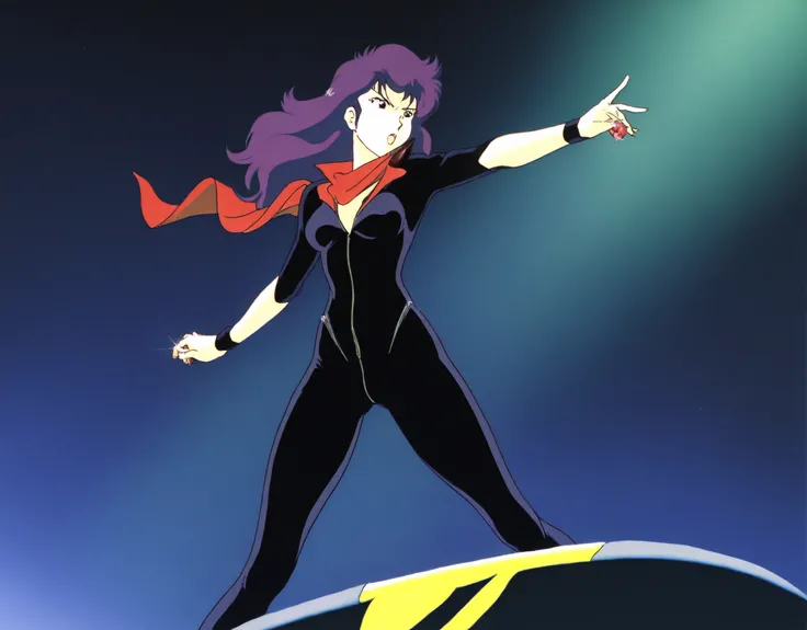 1980s anime style, elegant thief girl with wavy purple hair and a sleek black bodysuit, climbing on rooftops under the moonlight, red scarf fluttering, holding a stolen jewel, retro anime heist vibe, dramatic shadows, cel shading, style inspired by cowboy ...