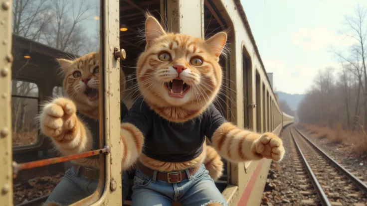 An orange fluffy anthropomorphic cat with a frantic expression, and an open mouth, as if they were screaming, When she clings to Zug's window on the outside. The train is clearly visible in the picture. This cat is wearing a tight black T-shirt and blue je...