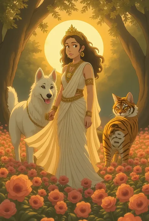 Ultra high definition, magical creature scene featuring a majestic white dog and a tiger-striped cat playing together in a vibrant, enchanted forest. Surrounding them is a beautiful goddess with divine grace, wearing a flowing white and golden saree with a...
