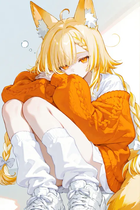 1 girl, solo, sleepy face, cute, pale skin, ((one Braided bangs)), twin tail hair is braids, (((white color Secret Two Tones hair))), cowlick, blonde hair, orange eyes, fox ears and tail, white dressshirt, orange knit Cardigan, loosesocks, sneakers, Che...