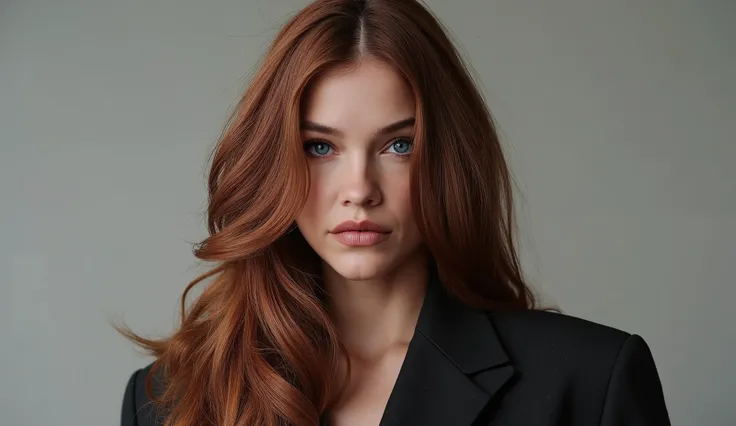 Journalist pose, meio corpo, intense red hair