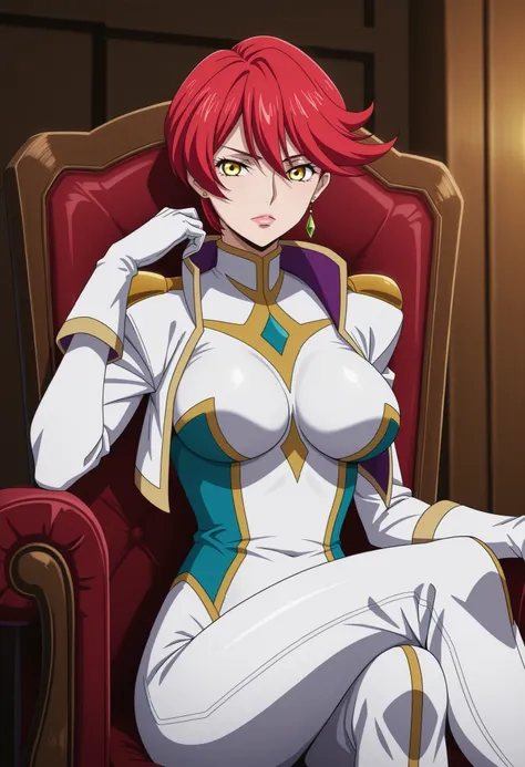 narah_pilotsuit,narah vaughn,1girl,solo,red hair,sitting,crossed legs,short hair,breasts,chair,yellow eyes,gloves,looking at viewer,jewelry,earrings,lipstick,large breasts,mature female,MILF,