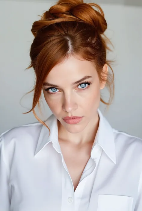 Journalist pose, meio corpo, intense red hair , white shirt